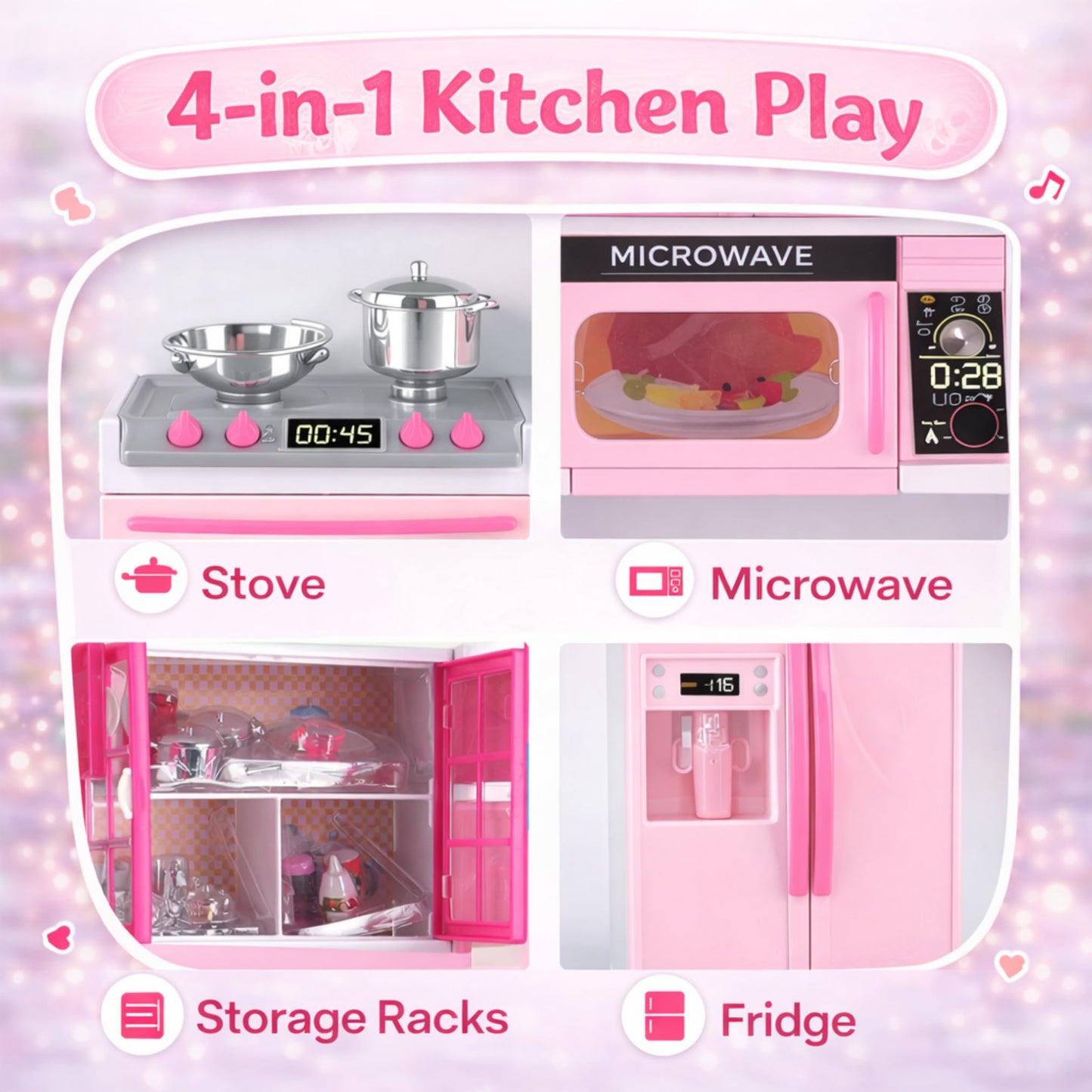 Doll Kitchen Playset for Kids, My Modern Mini Kitchen House Furniture Pretend Play Toy Accessories Set with Realistic Lights & Sounds for Toddlers