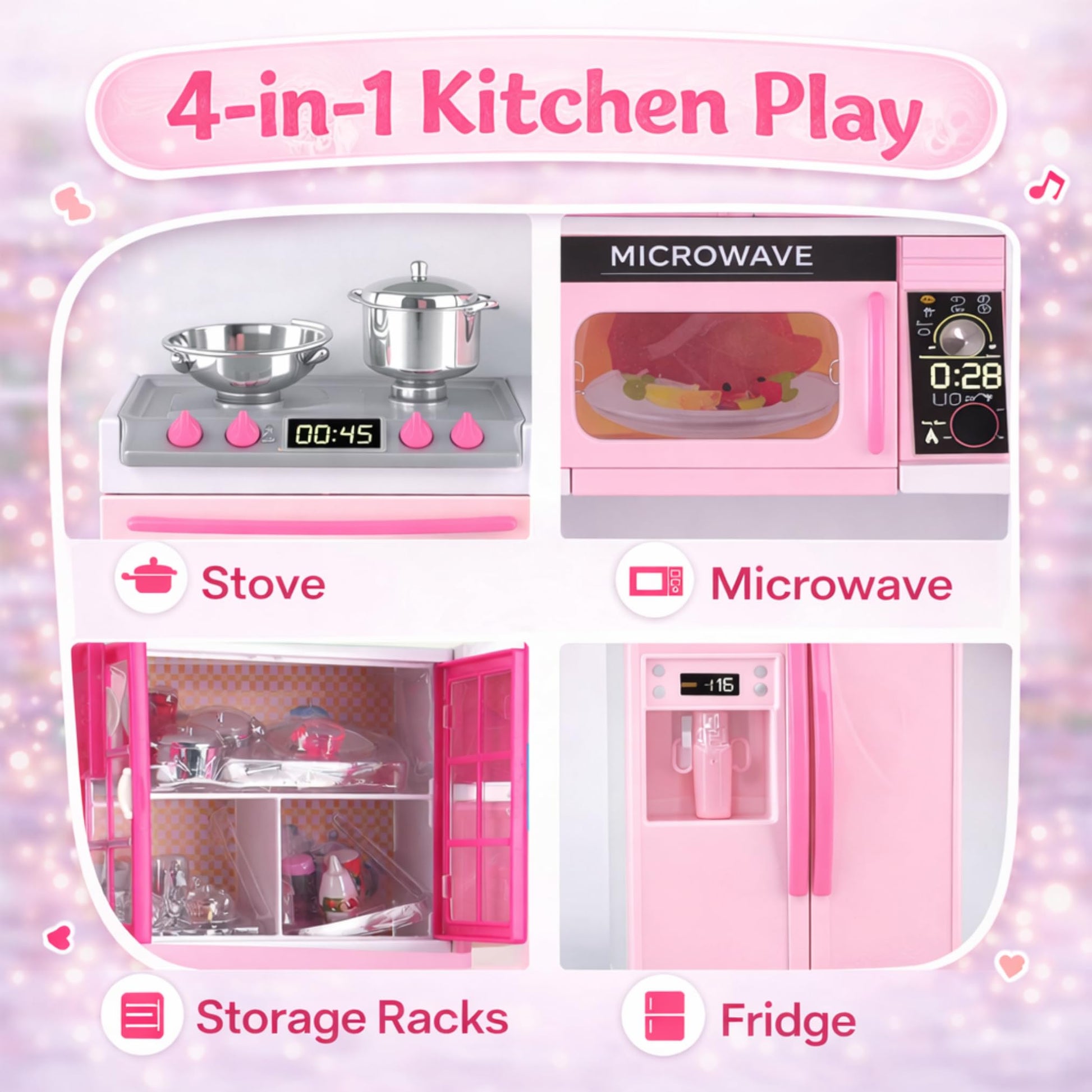 Doll Kitchen Playset for Kids, My Modern Mini Kitchen House Furniture Pretend Play Toy Accessories Set with Realistic Lights & Sounds for Toddlers