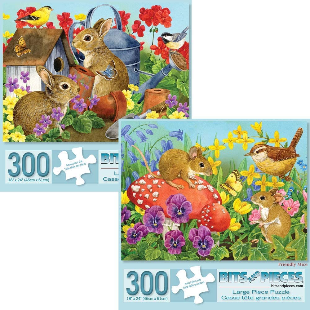 Bits and Pieces - Value Set of Two Large 300 Piece Jigsaw Puzzles for Adults - ‘Bunnies’ & ‘Mice’ Jigsaw Puzzles by Artist Jane Maday, Completed