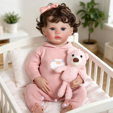 Tookyhill 16 Inch Lifelike Reborn Baby Doll, Full Vinyl Body, Poseable Limbs, Pink Knit Outfit & Bear Toy, Realistic Newborn Doll Gift for Toddler