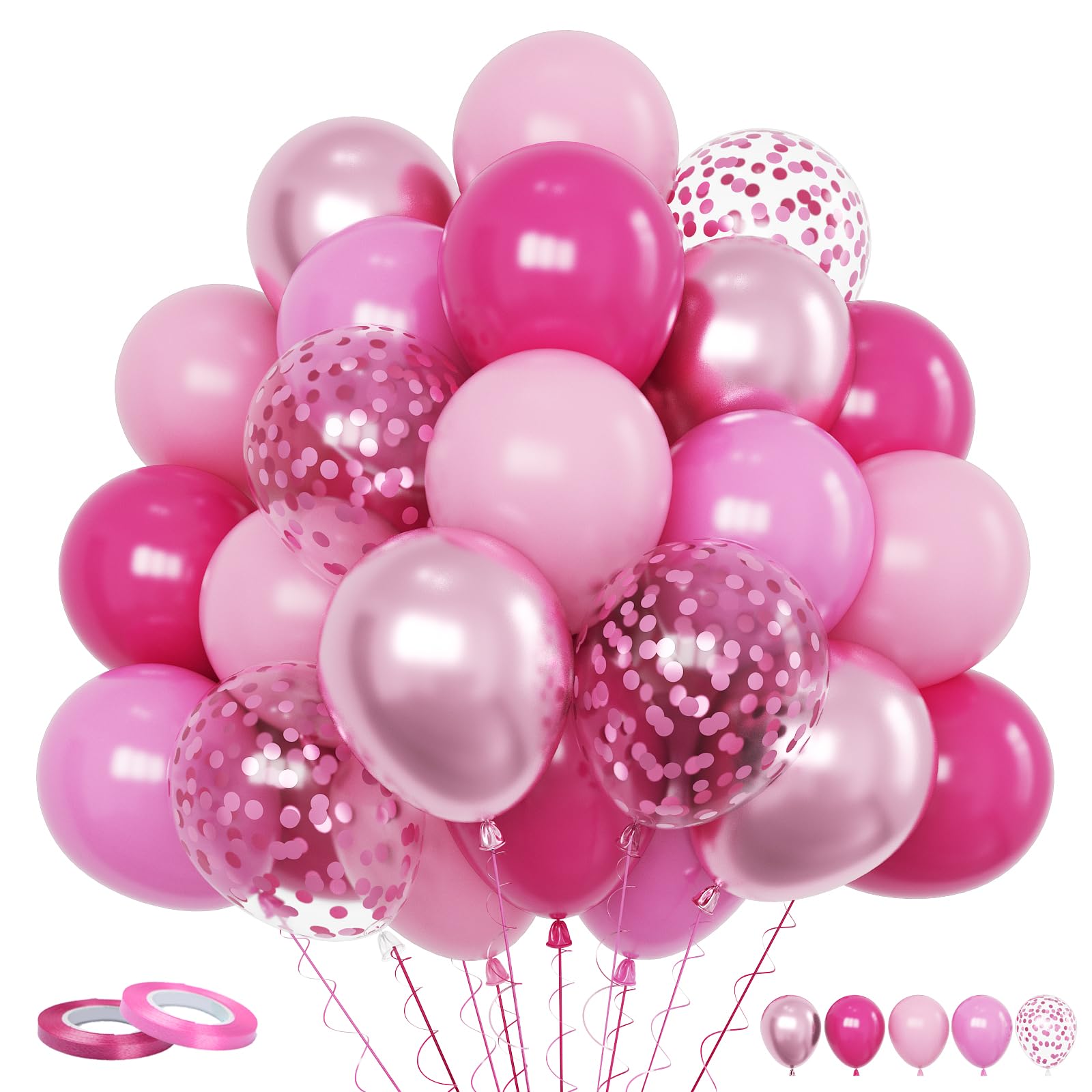 Funhot Pink Balloons Set, 60PCS Hot Pink Latex Balloons, 12Inch Pink Confetti Balloon Pastel Pink Metallic Party Balloons Helium for Girls Women Baby