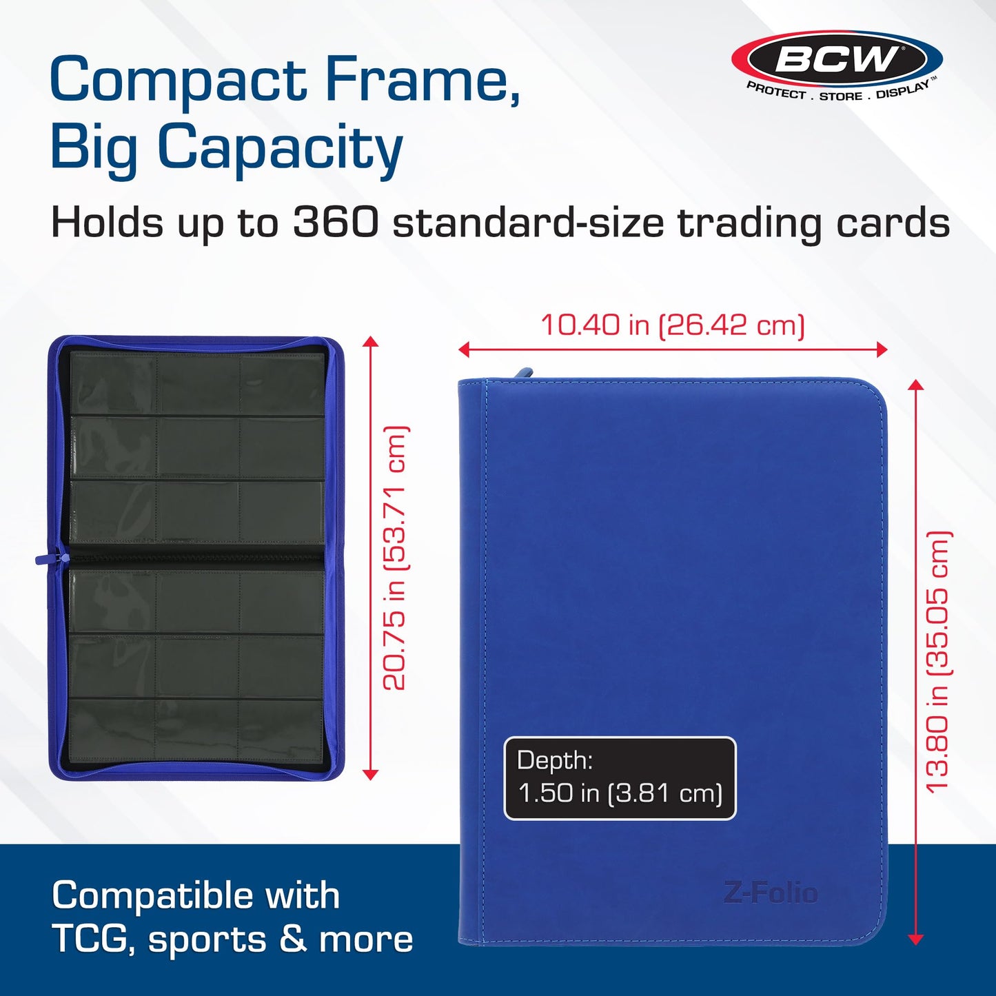 BCW Z-Folio 9-Pocket LX Album - Blue | Secure Zipper Card Organizer | Premium Leatherette Card Collection Binder | Trading Card Binder for Pokemon