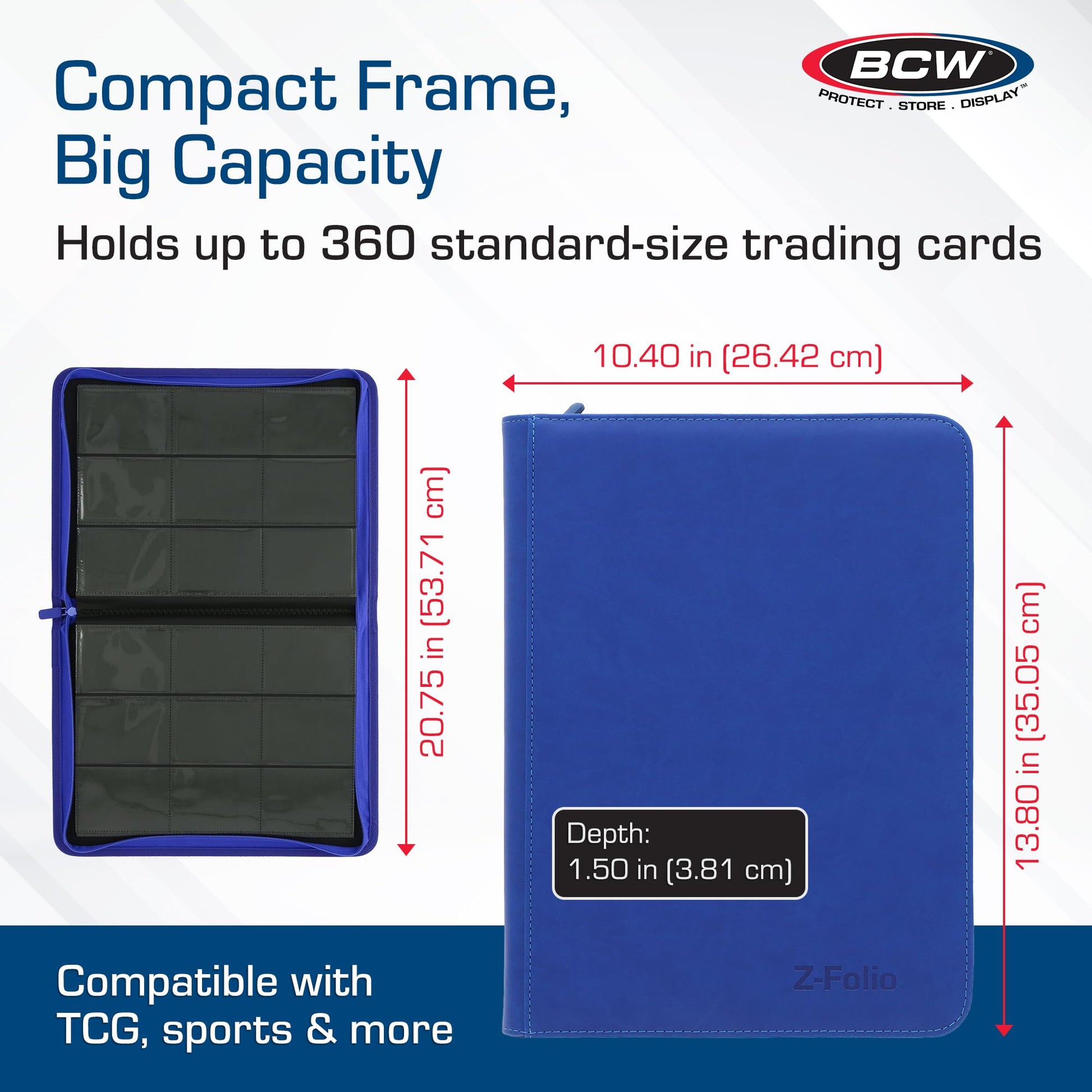 BCW Z-Folio 9-Pocket LX Album - Blue | Secure Zipper Card Organizer | Premium Leatherette Card Collection Binder | Trading Card Binder for Pokemon