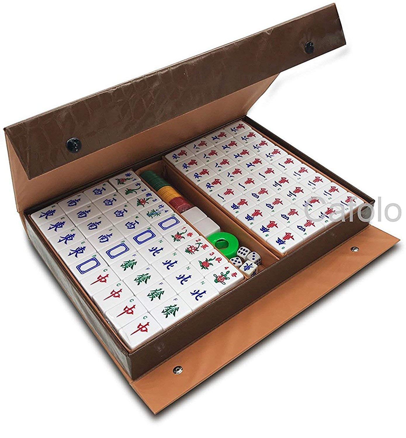 Chinese Mahjong X-Large 144 Numbered Acrylic Tiles 1.5" Large Gold Sparkle Tile with Carrying Travel Case Pro Complete Mahjong Game Set - (Mah Jong
