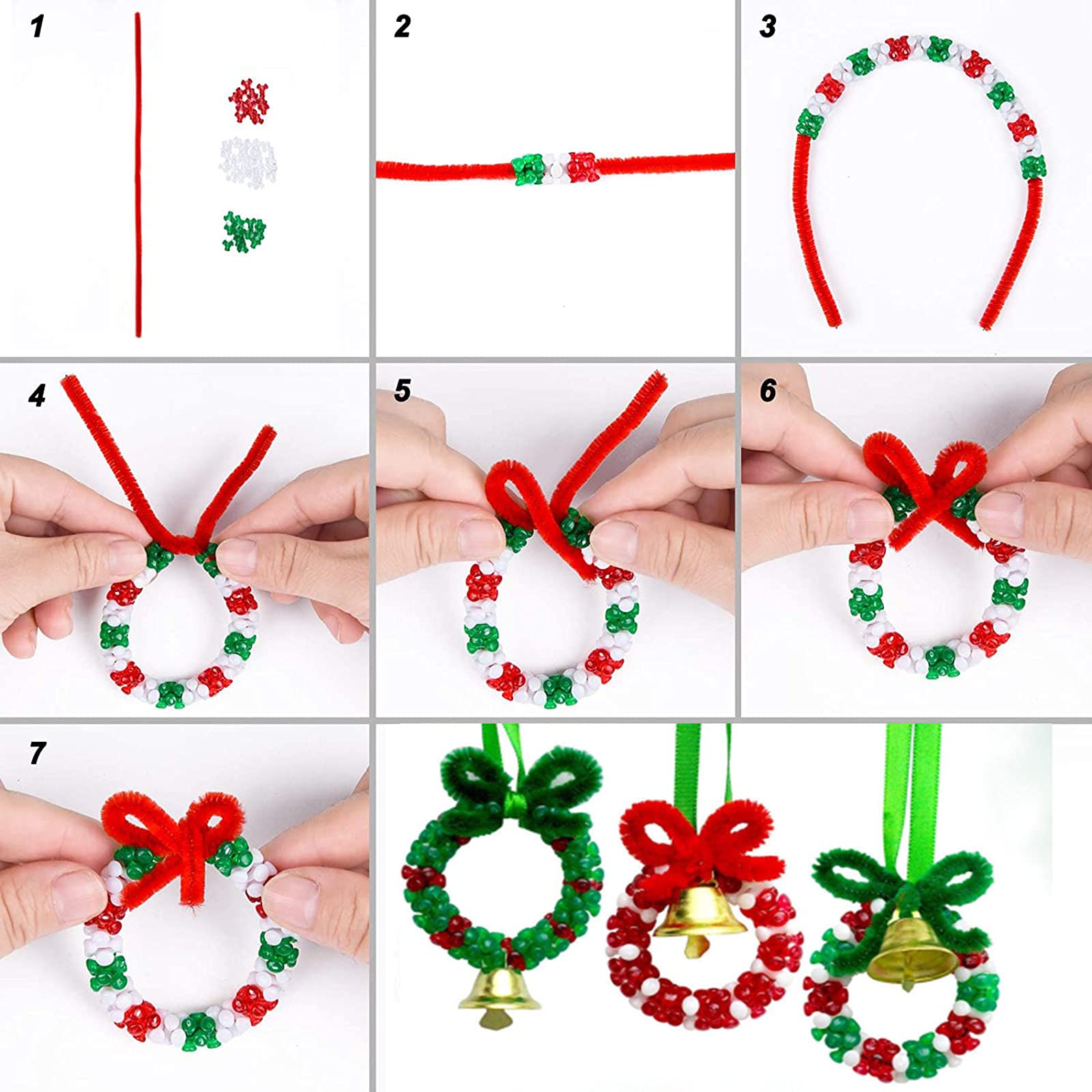 1000Pcs Christmas Tri Beads Plastic Beaded Ornament Kit with 30 Pcs Red and Green Chenille Stems Pipe Cleaners, 30 Pcs Bells and 10m Ribbon