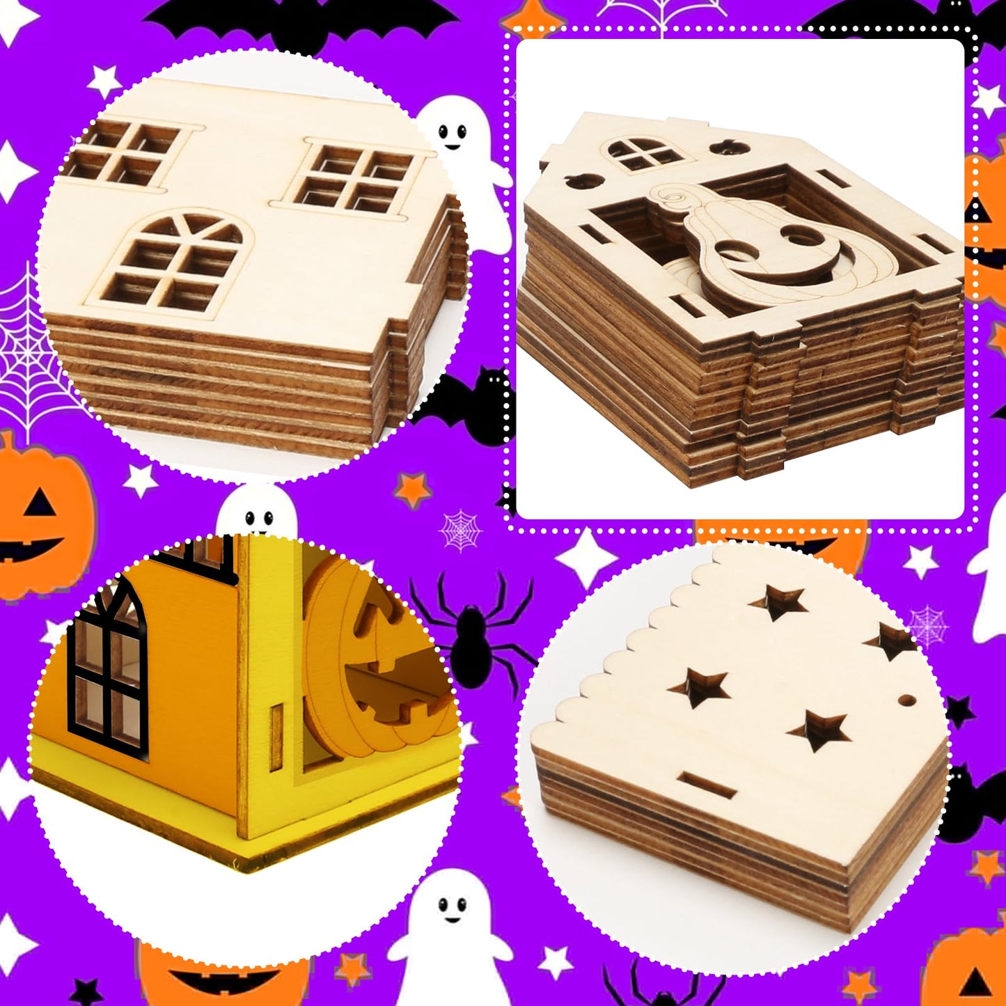 Fennoral 7 Pack Wooden Pumpkin House Craft for Kids - DIY Paint Halloween Art and Craft Project for Halloween Party Decoration