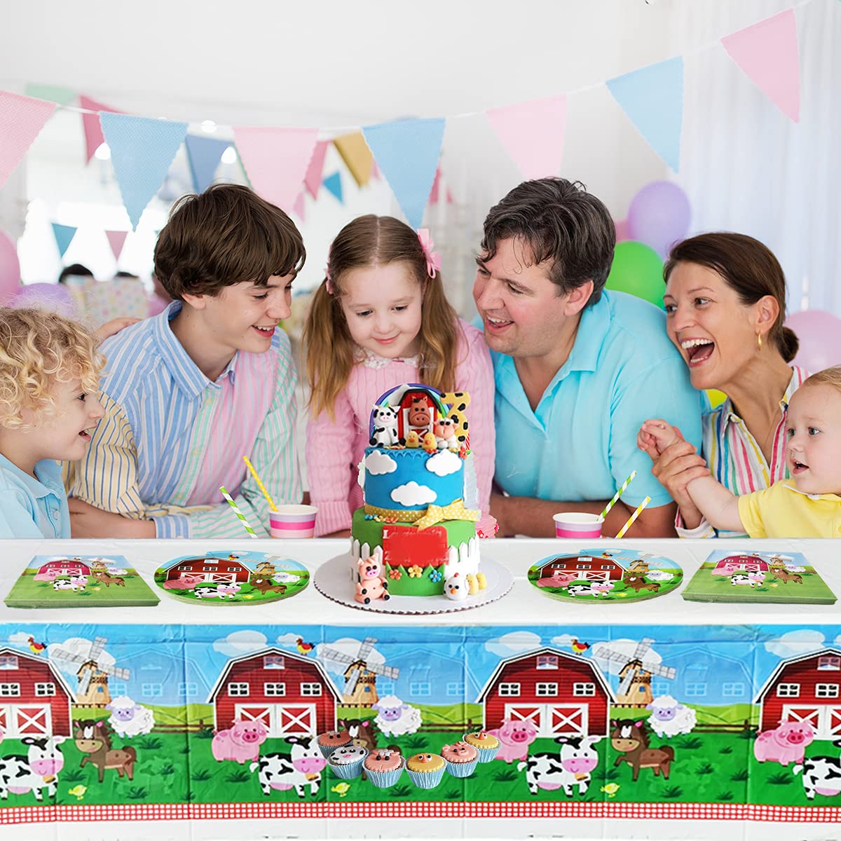 Farm Animal Party Tableware Set, Farmhouse 20 Plates and 20 Napkins and Tablecloth 71 '' x 42 '', Farm Animal Themed Party Decoration Supplies