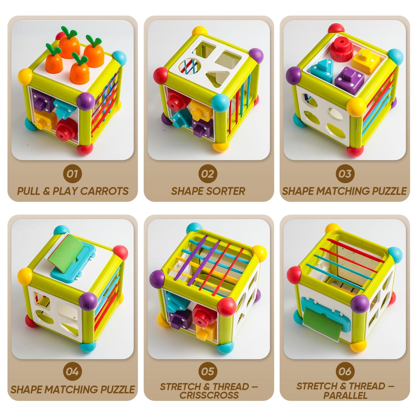 Seozio Montessori Activity Cube Toys for Baby, 6-in-1 Shape Sorting Toy, Fine Motor Learning Game for Toddlers 1-3
