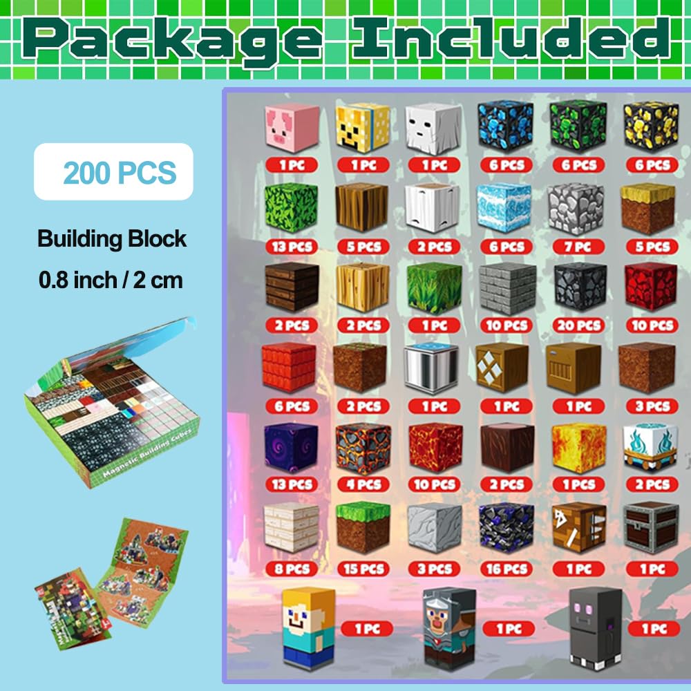 Wattlink Magnetic Building Blocks Set, 200 Pieces Pixel Style Construction Toys with Character Blocks, 0.8 Inch Cubes for Ages 3+, Non-Toxic
