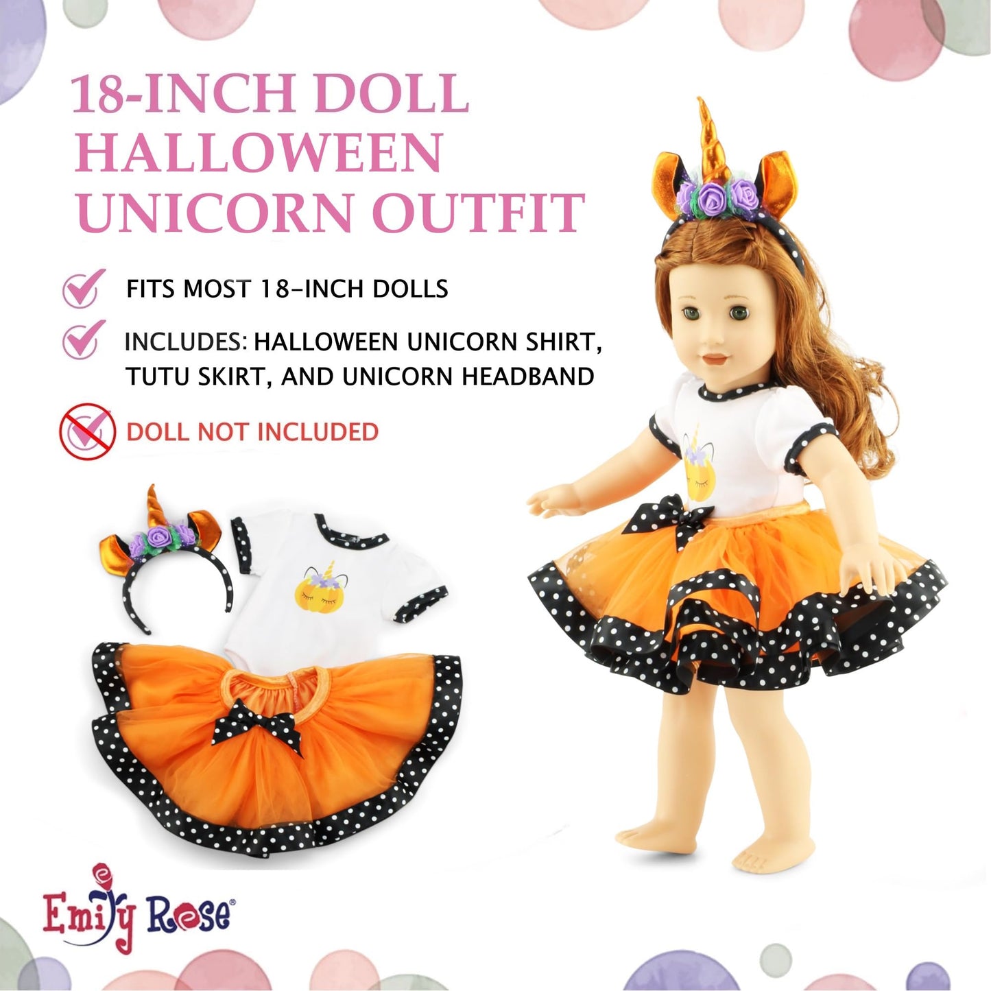 Emily Rose 18" Doll 3PC Orange & Black Unicorn Tutu Costume Set with Headband | Compatible with American Girl & Our Generation Dolls | Gift Boxed |