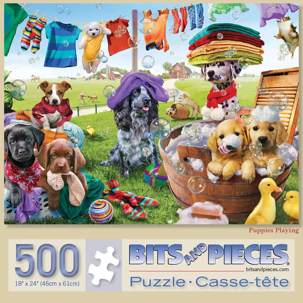 Bits and Pieces - Large Piece Jigsaw Puzzle for Adults - ‘Puppies Playing’ by Artist Adrian Chesterman (500 Piece Puzzle)
