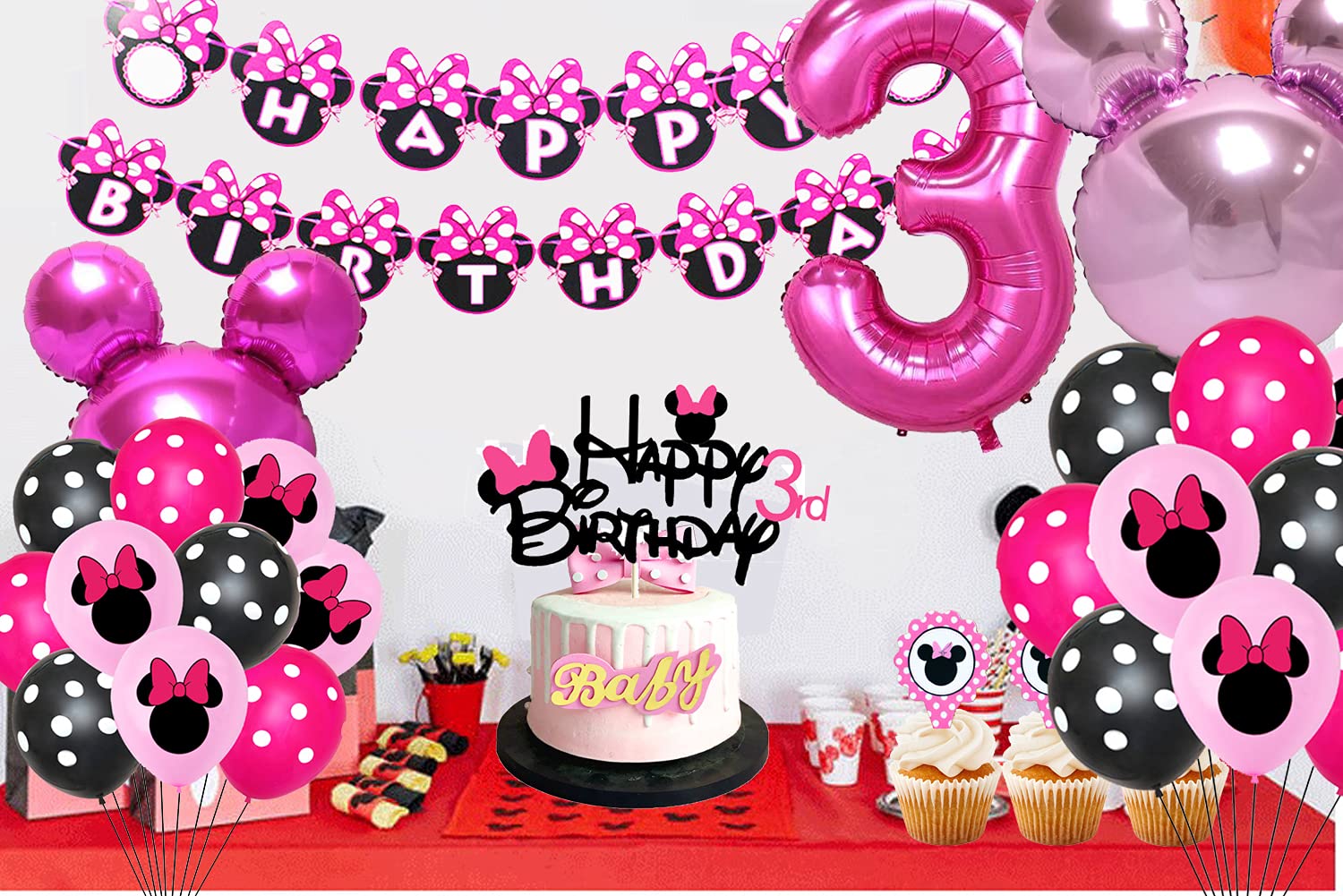 50pcs Pink Mouse Birthday Decorations 3 year old Girl Birthday Party Supplies Balloons Cake Topper Cupcake Topper