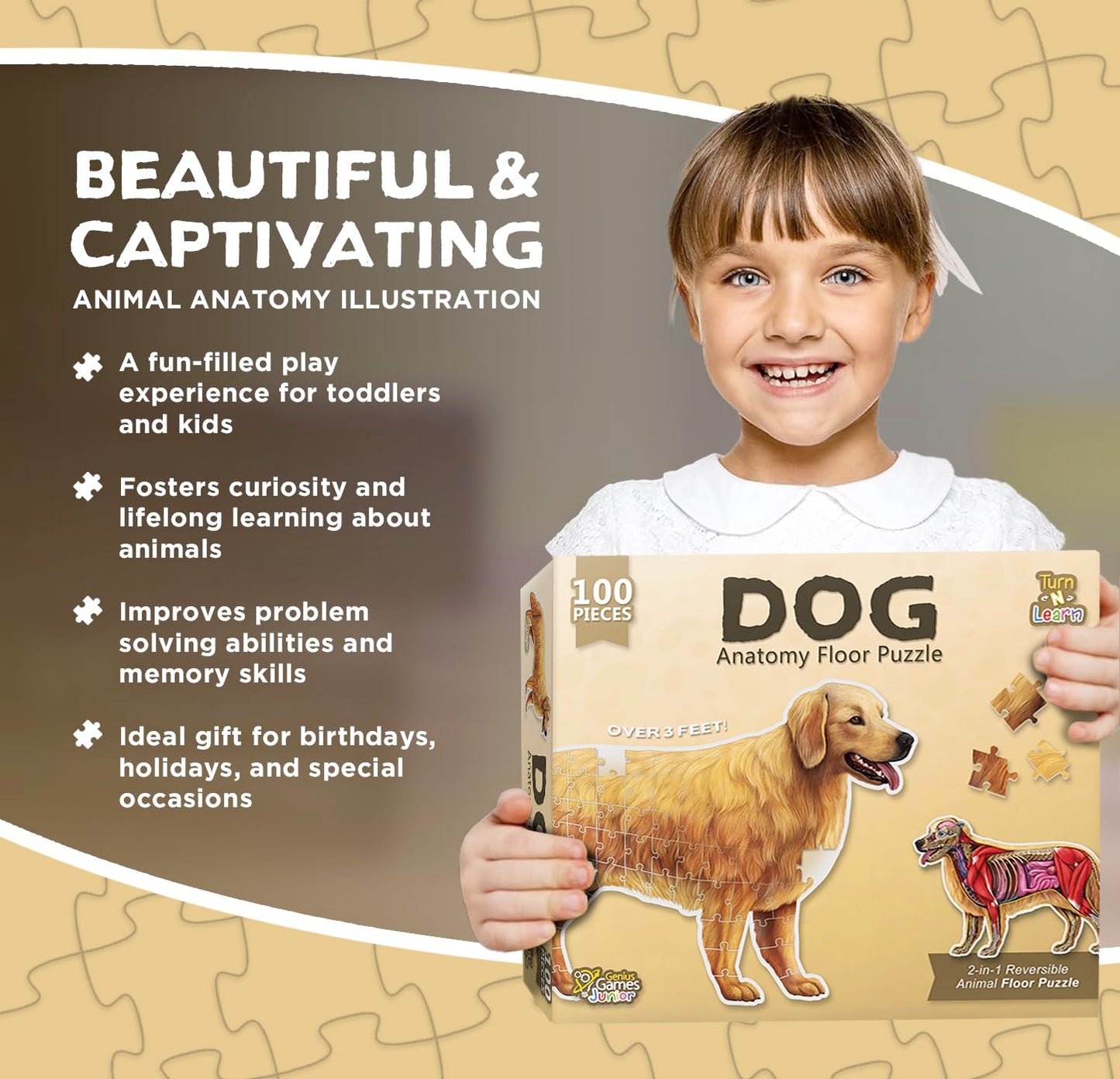 Dog Animal Anatomy Floor Puzzle | 100-Piece Double-Sided Jigsaw Puzzle | Large Floor Puzzle for Kids Ages 4-8, 3-5, 8-10 | Fun and Educational STEM