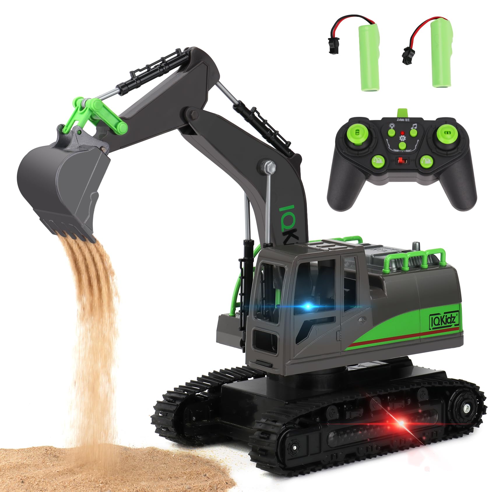 IQKidz Remote Control Excavator Toys for Boys 4-7 Yrs Old - Best Birthday Gift for Kids Age 3 5 8 9 10+, Metal Shovel Construction Vehicles with Light