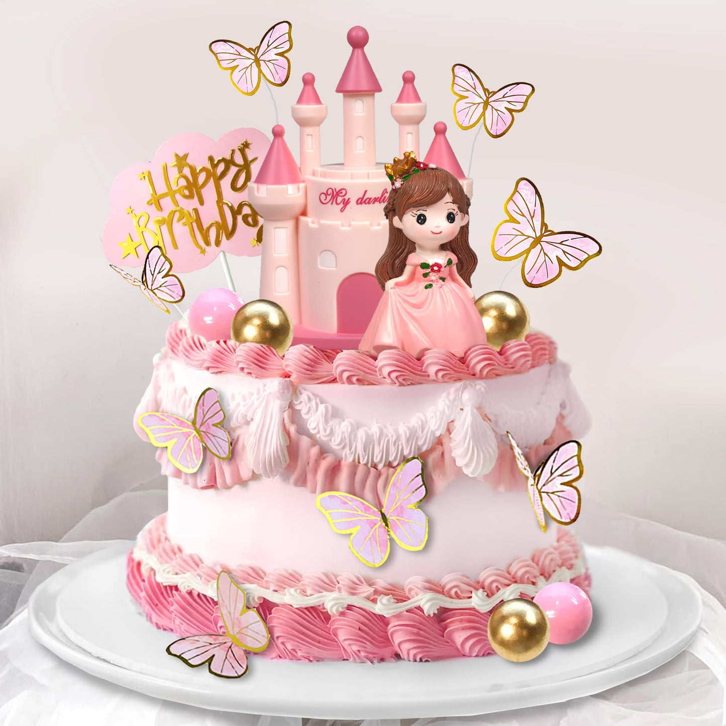 19 PCS Princess Cake Topper Castle Cake Decoration with Butterflies and Balls for Princess Birthday Supplies (Pink)