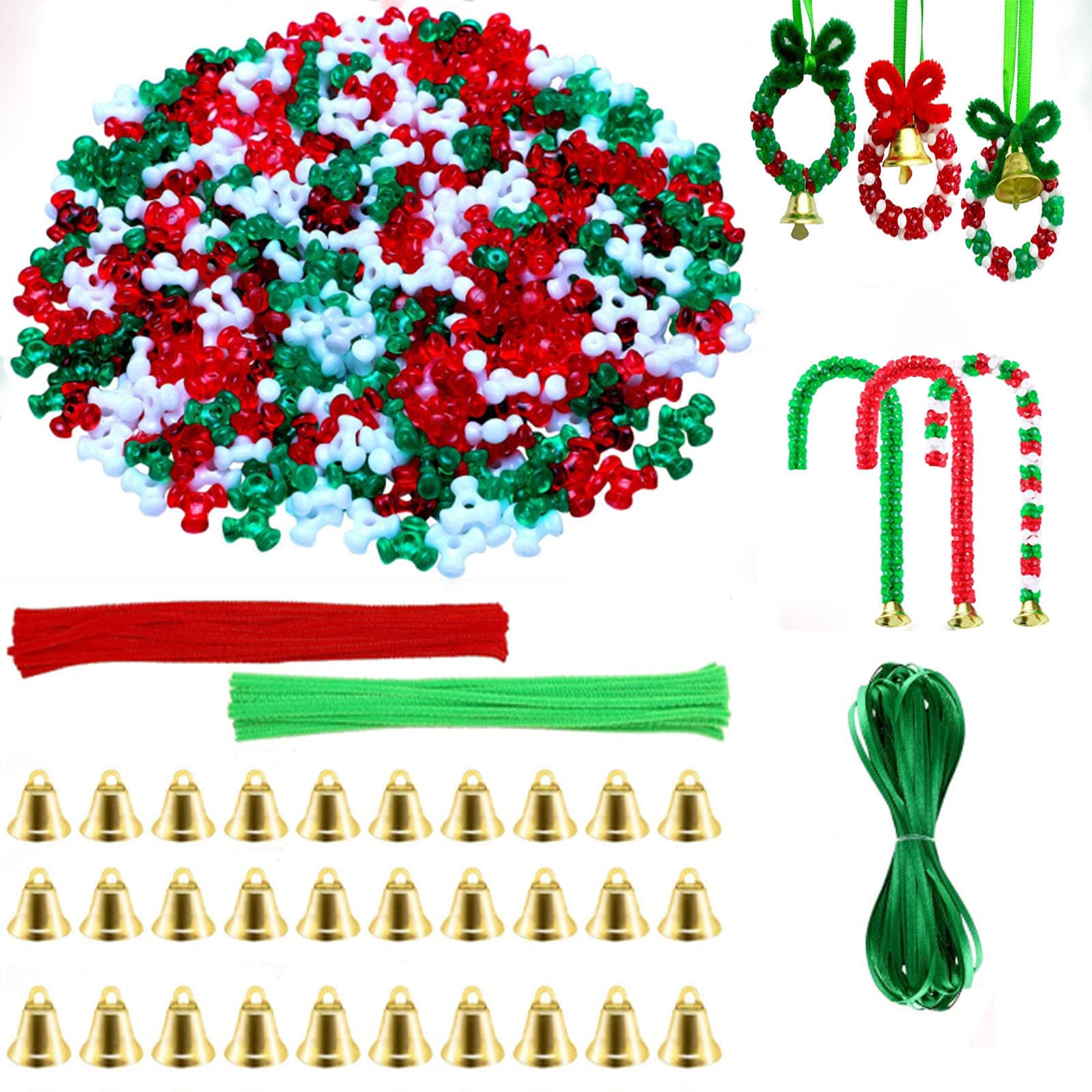 1000Pcs Christmas Tri Beads Plastic Beaded Ornament Kit with 30 Pcs Red and Green Chenille Stems Pipe Cleaners, 30 Pcs Bells and 10m Ribbon