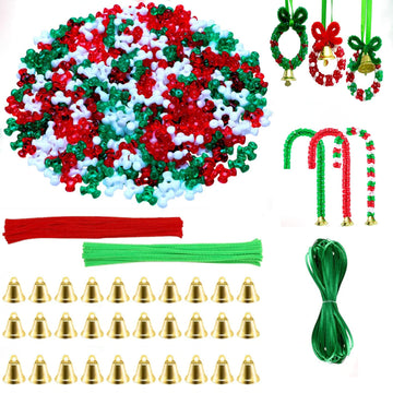 1000Pcs Christmas Tri Beads Plastic Beaded Ornament Kit with 30 Pcs Red and Green Chenille Stems Pipe Cleaners, 30 Pcs Bells and 10m Ribbon
