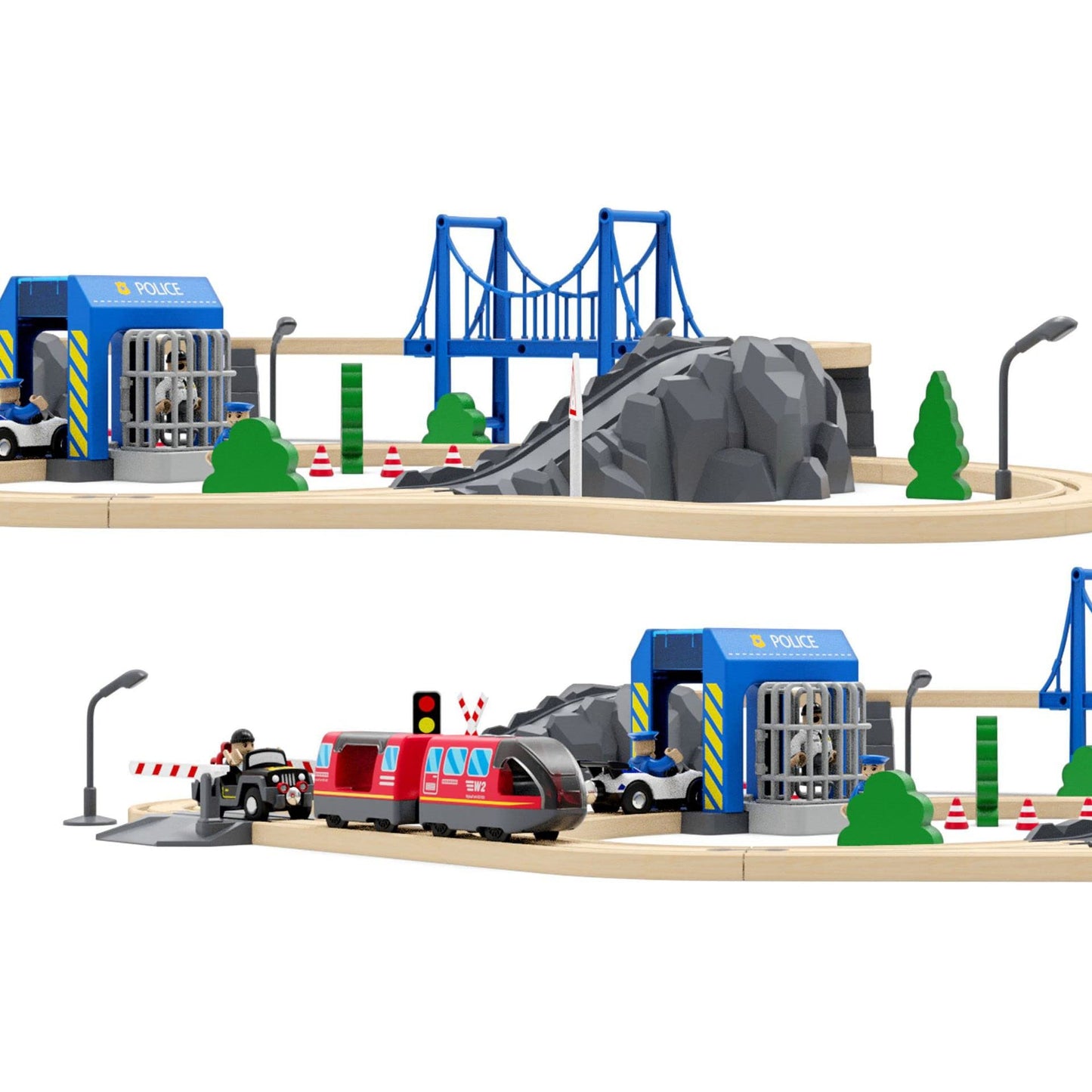 Wooden Train Tracks Accessories, Train Set Piece of Police Station Compatible with All Railroad Track Collection, Train Toys Expansion Pack for Kids