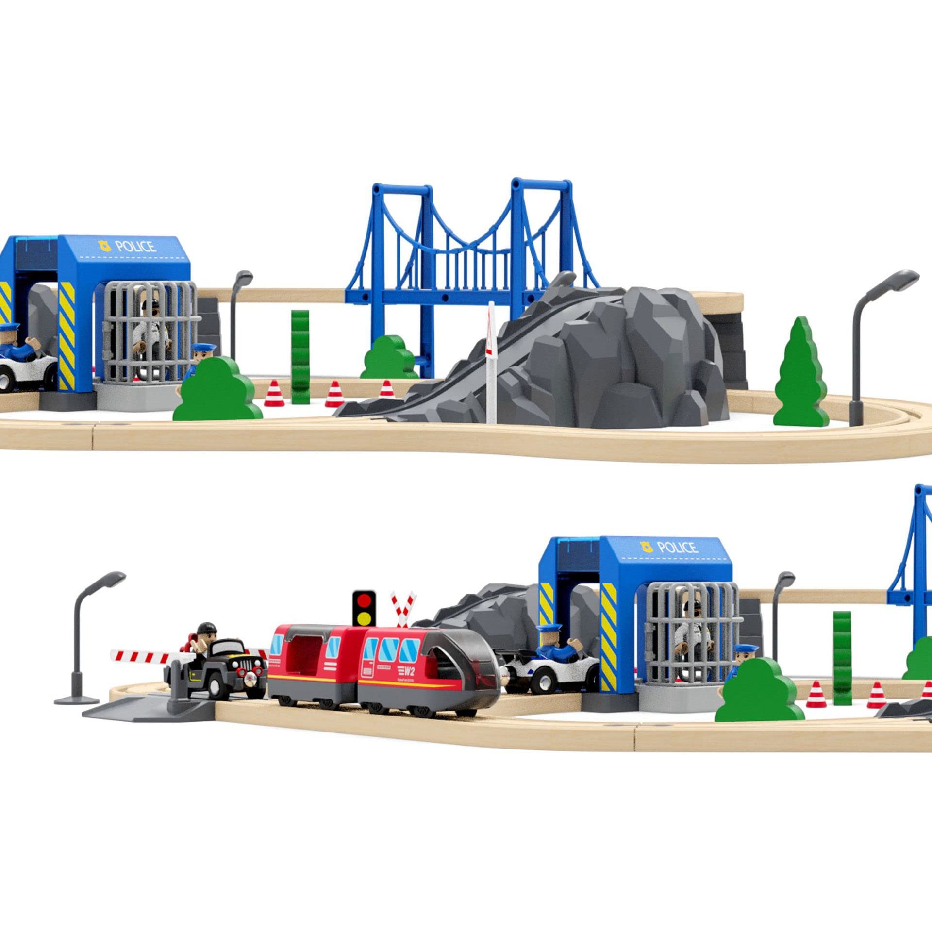 Wooden Train Tracks Accessories, Train Set Piece of Police Station Compatible with All Railroad Track Collection, Train Toys Expansion Pack for Kids