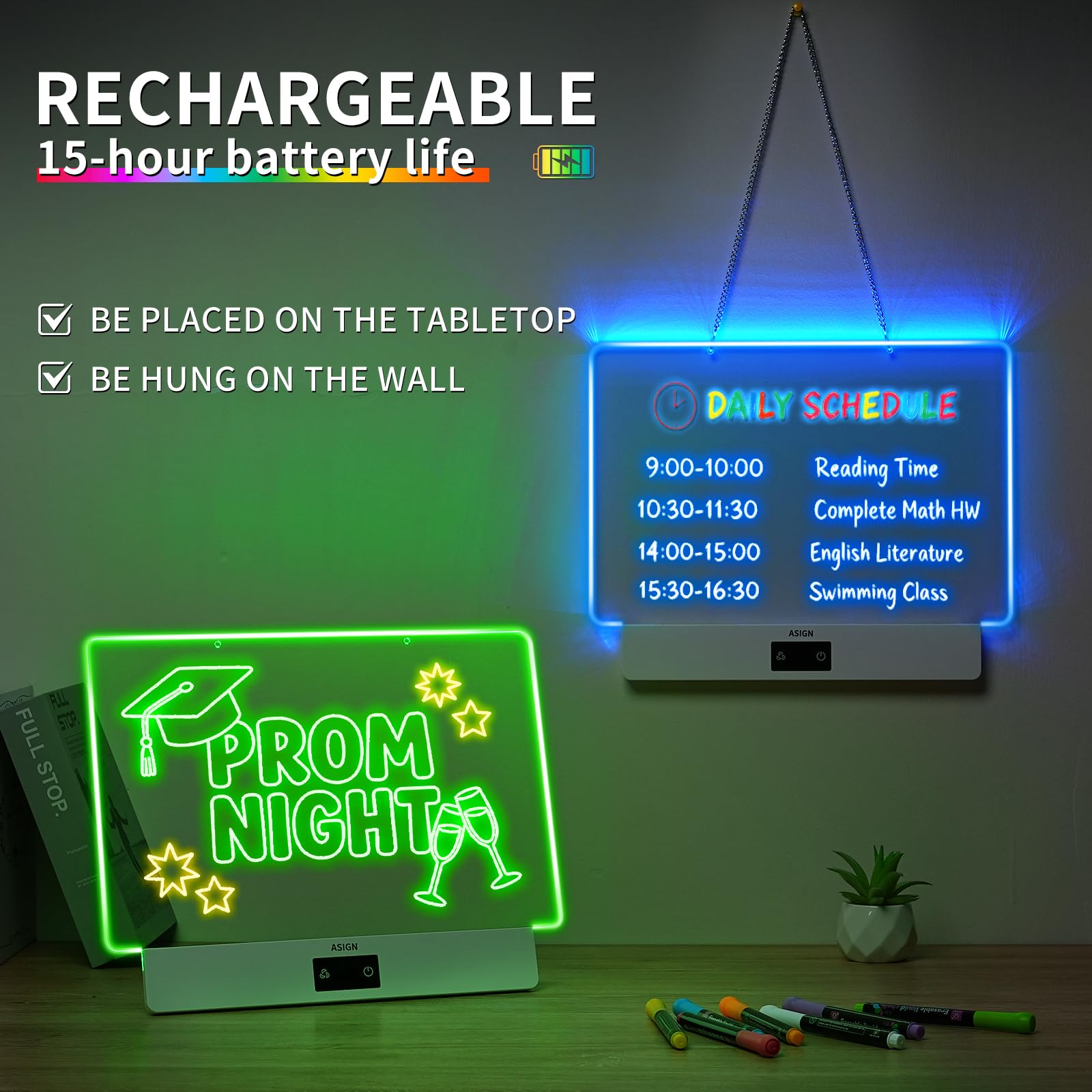 Rechargeable LED Drawing Board, 16.6 Inches Lumiboard, 8 Colors & 3 Modes, LED Note Board with Build in Stand, Includes 7 Markers & 1 Hanging Chain