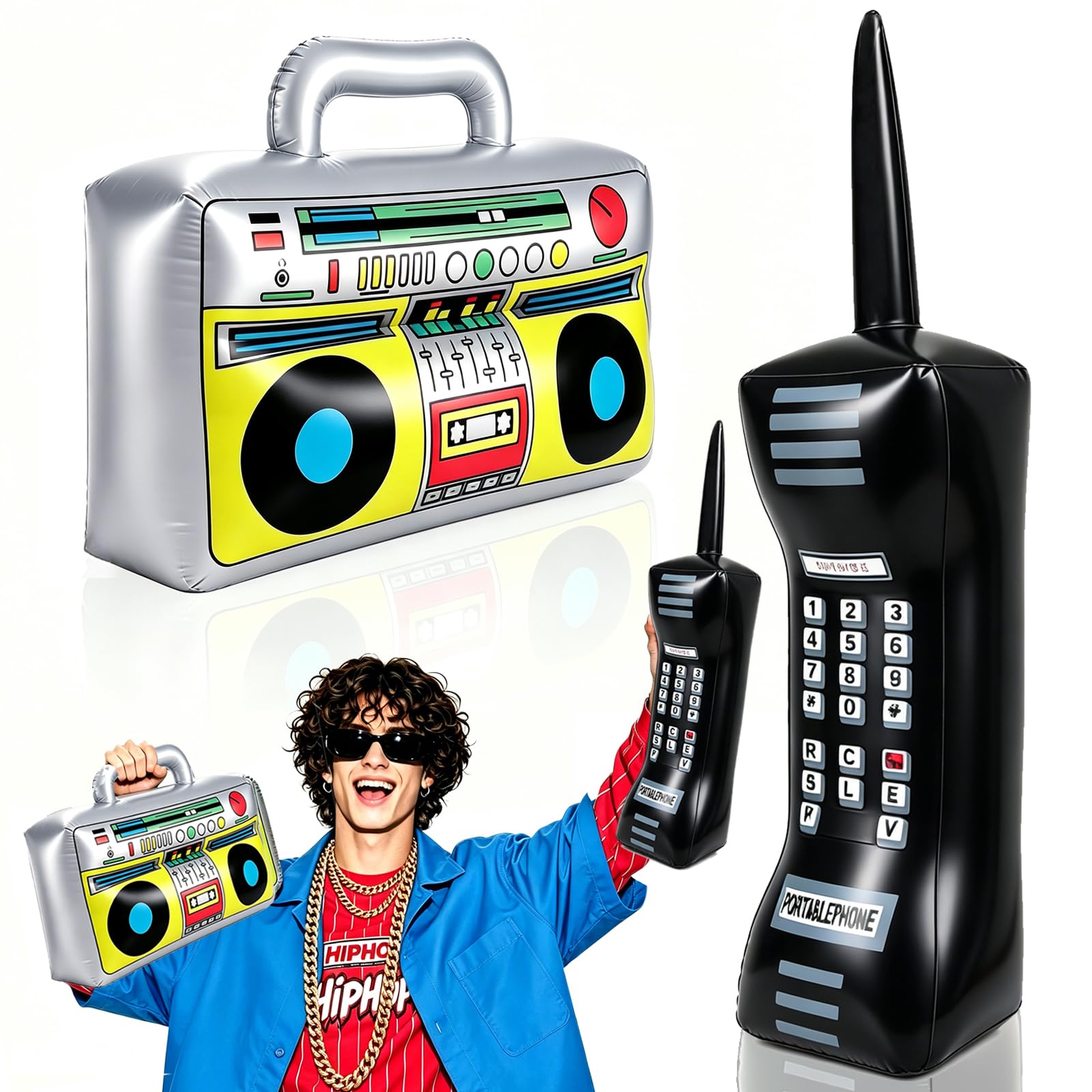 2Pcs Inflatable Radio Boombox Inflatable Mobile Phone,80's 90's Phones for Retro Hip Hop Theme Party Decor,Birthday Photo Supplies Gifts