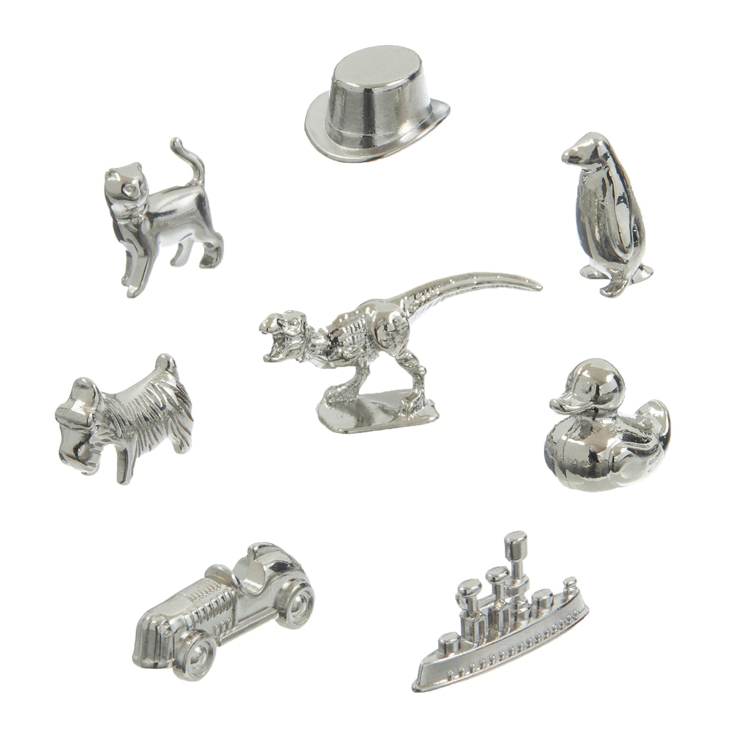 8-Pack Replacement Pawns Compatible with Monopoly - T-Rex, Terrier, Race Car, Top Hat, Battleship, Cat, Duck, Penguin - New Edition Metal Classic