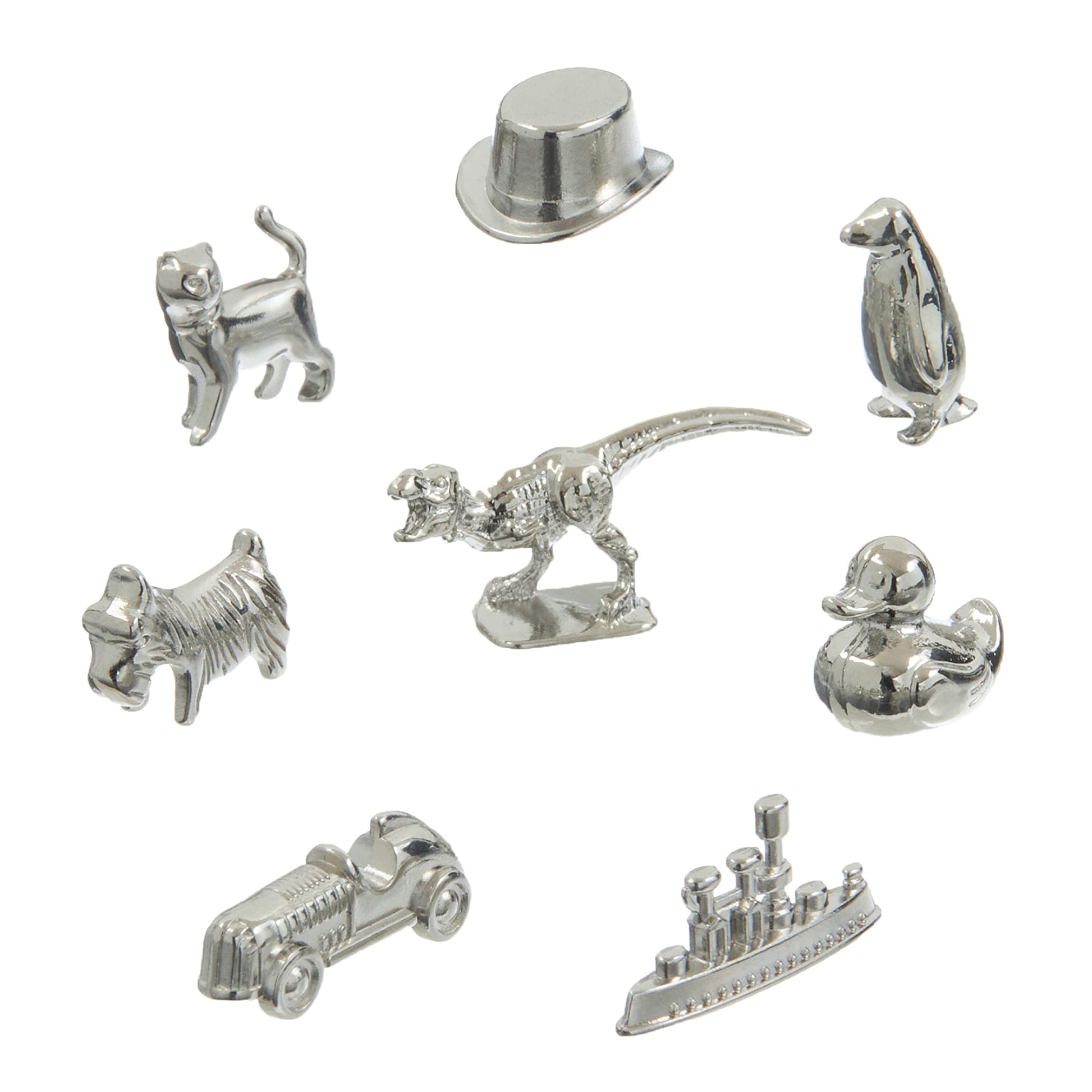 8-Pack Replacement Pawns Compatible with Monopoly - T-Rex, Terrier, Race Car, Top Hat, Battleship, Cat, Duck, Penguin - New Edition Metal Classic