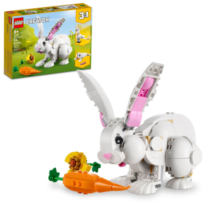 LEGO Creator 3 in 1 White Rabbit Animal Toy Building Set, STEM Toy for Kids 8+, Transforms from Bunny to Seal to Parrot Figures, Creative Play