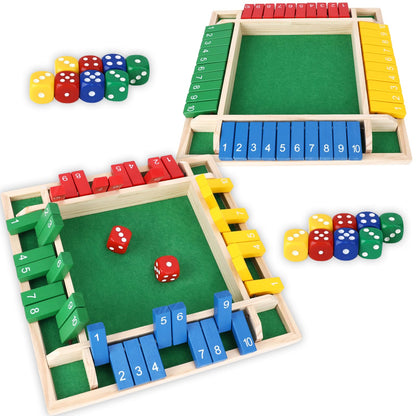 Wewounyl Shut The Box Game Wooden (2-4 Players) with Dices for Classroom, Home, Party and Pub, Math Games Classics 4 Sided Tabletop Version Easy