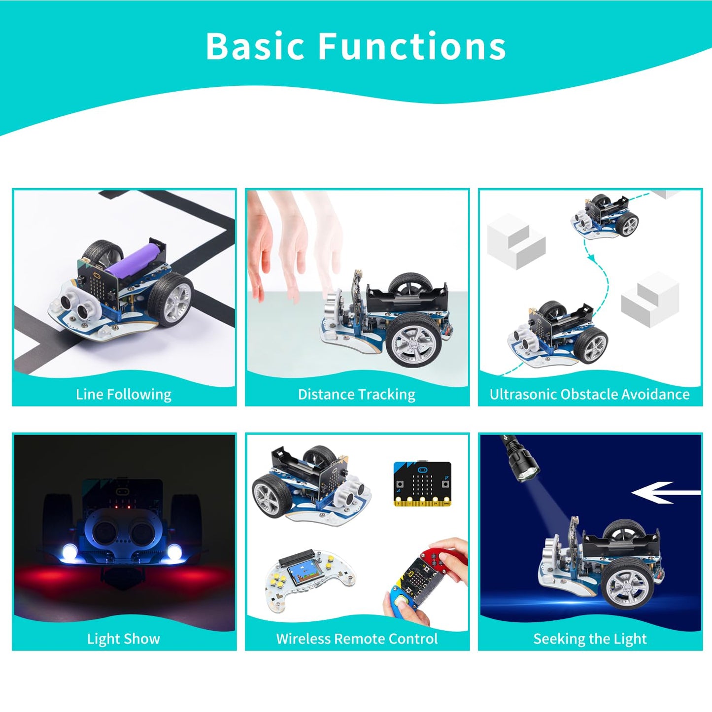 ELECFREAKS microbit Starter Kit Cutebot Pro DIY Programmable Robot Car Kit with 4 Line-Tracking Sensors and Encoded Motor, microbit Project Makecode