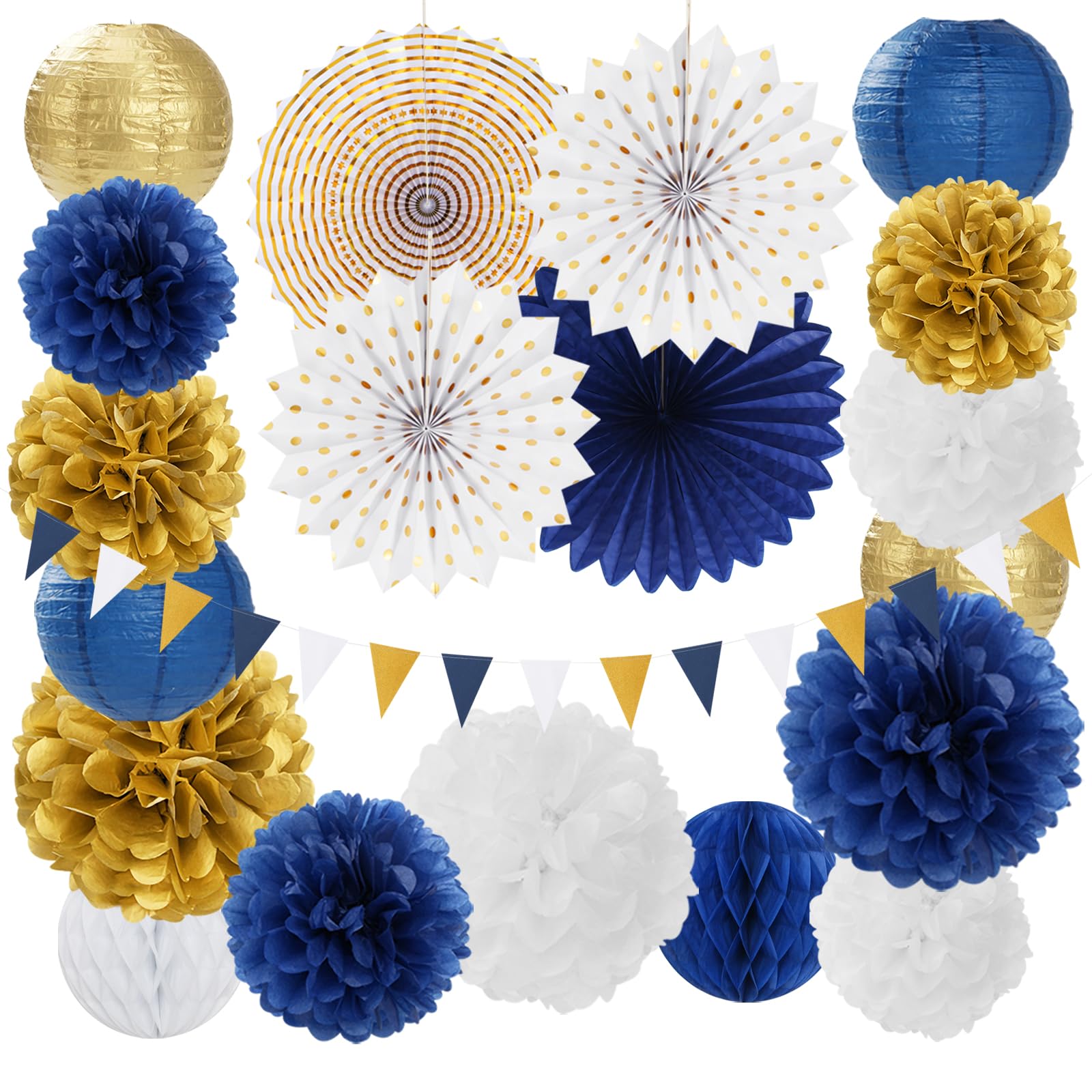 Navy-Blue White Gold Party-Decorations - 20pcs Graduation 2026 Paper Lanterns Fans,Tissue Pom Poms,Honeycomb Ball,Birthday Bridal Celebration