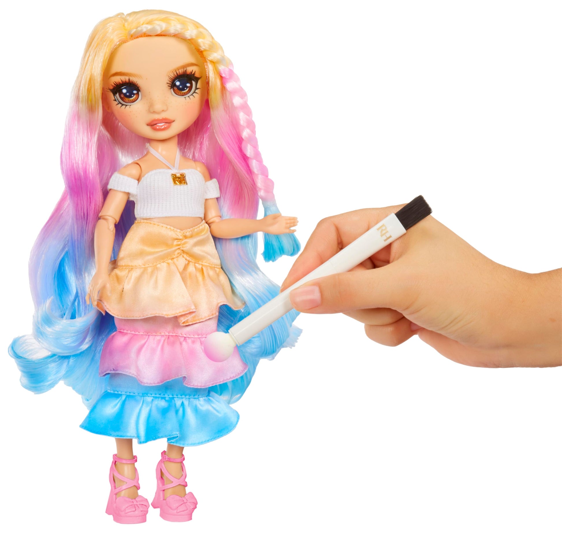 Rainbow High Watercolor & Create Fashion DIY Doll with Washable Watercolors + Tie-Dye Kit, Brown Eyes, Curled Hair, Bonus Top & Shoes. Color, Create