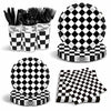 Checkered Party Supplies Set Serves 24 - Checkered Flag Plates, Cups, Napkins, Cutlery - For Race Car Birthday Party Supplies Table Ware Decorations