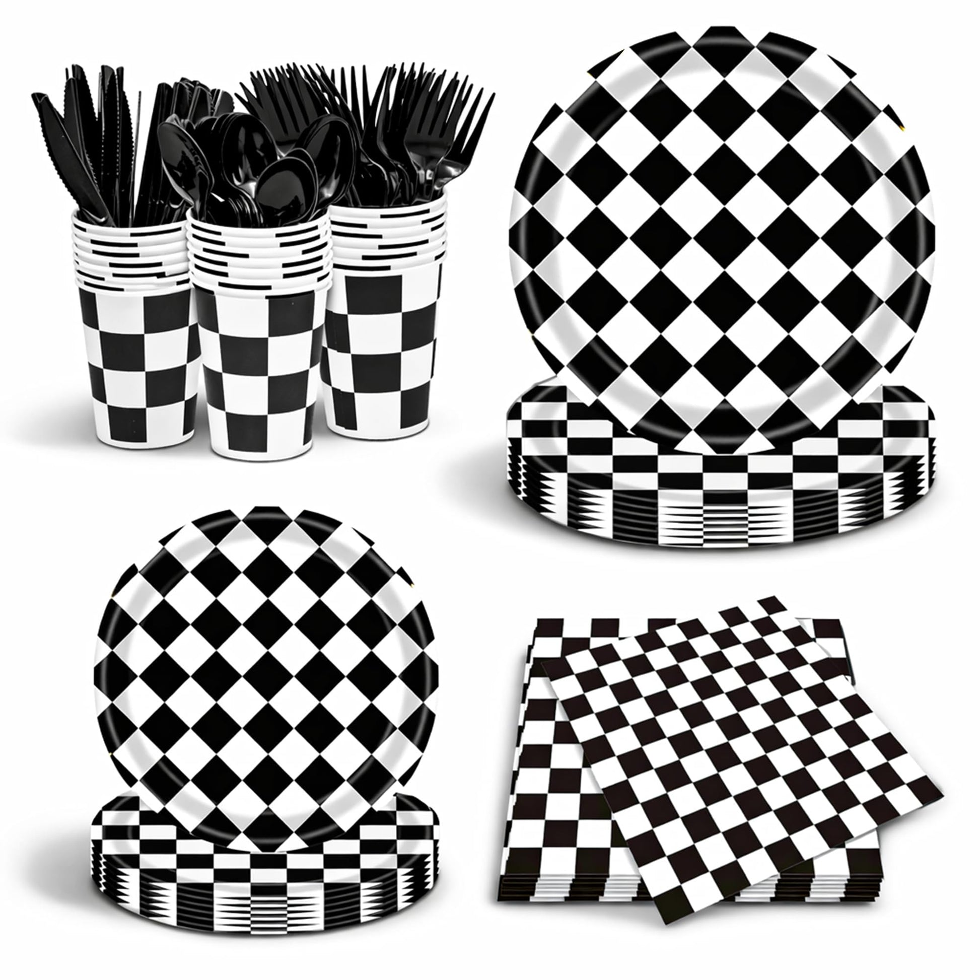 Checkered Party Supplies Set Serves 24 - Checkered Flag Plates, Cups, Napkins, Cutlery - For Race Car Birthday Party Supplies Table Ware Decorations