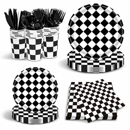 Checkered Party Supplies Set Serves 24 - Checkered Flag Plates, Cups, Napkins, Cutlery - For Race Car Birthday Party Supplies Table Ware Decorations
