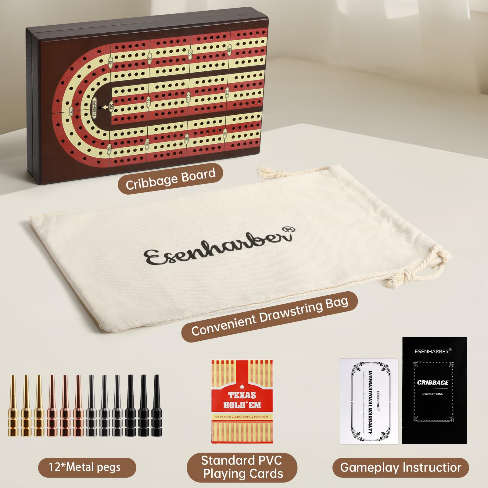 Cribbage Board, Foldable 4-Track Cribbage Board Game Set, Solid Wood Game Board with 12 Brass Pegs & Felt-Lined Storage, for 2-4 Players,