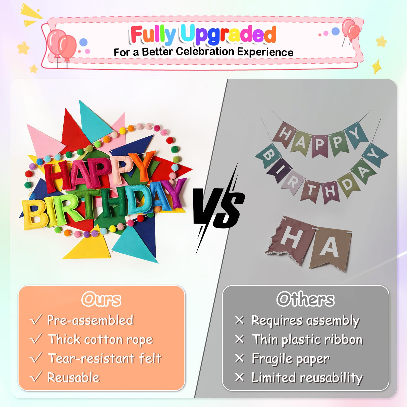 Danadia Rainbow 3D Happy Birthday Banner, Pre-Strung Felt Party Decorations