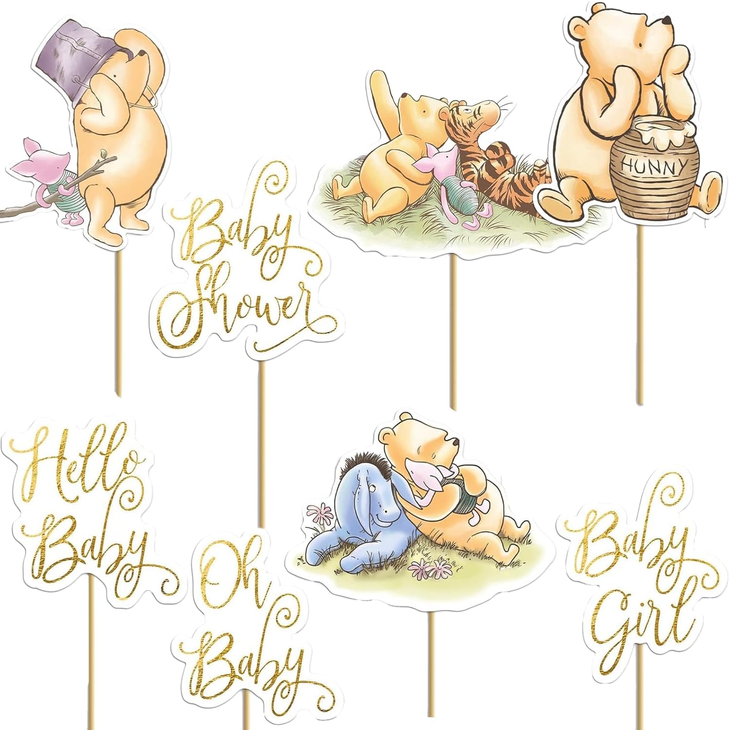 16PCS Classic Winnie Centerpieces - Baby Shower Decorations, Table Toppers on Sticks, Cutouts for Winnie Birthday Party Supplies