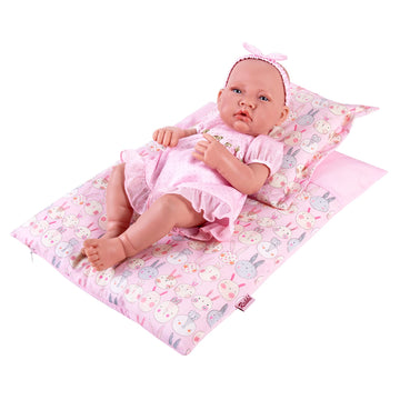 Pink Rabbit Print Doll Bedding Set - Mattress, Pillow & Blanket for 18 Inch Dolls - Includes 1 Mattress, 1 Pillow, 2 Blankets - Cute Doll Accessories