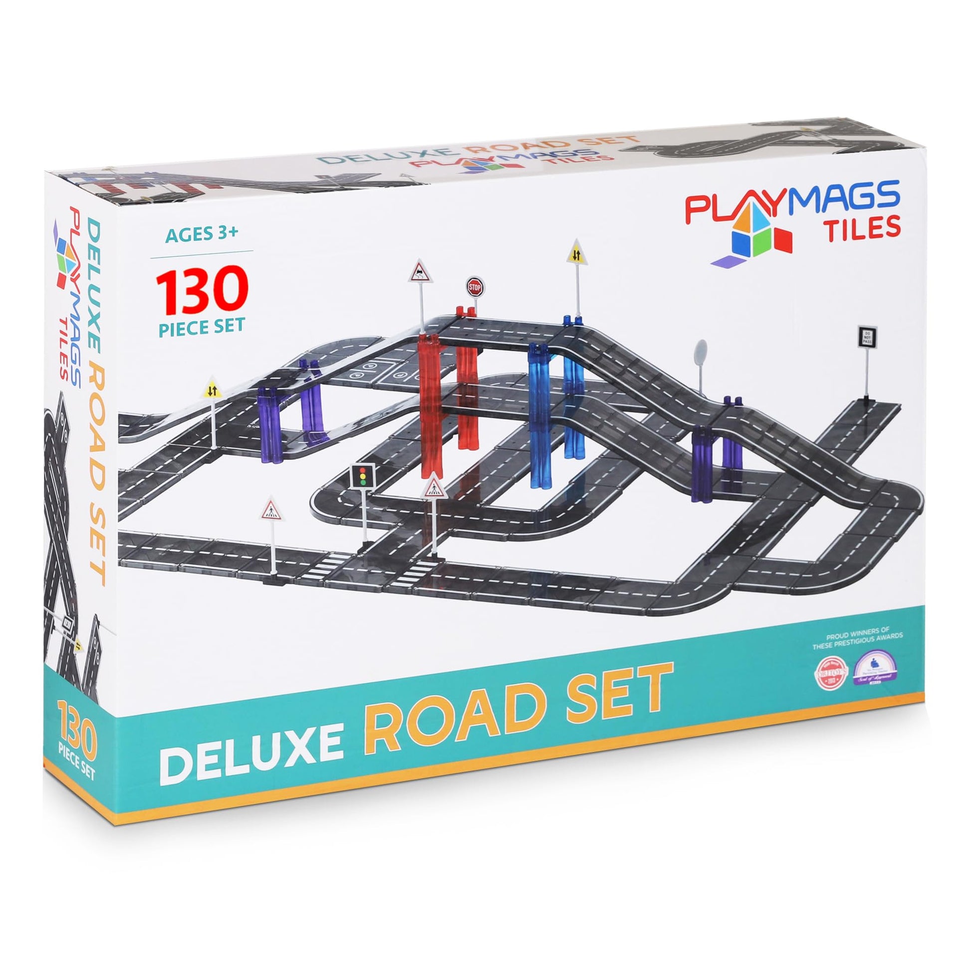 Playmags Magnetic Tiles Road Set for Kids - 130-Pieces Magnet Building Blocks Toy - Durable Creative STEM Learning Toys with Curved & Straight Car