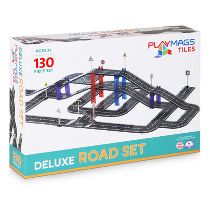 Playmags Magnetic Tiles Road Set for Kids - 130-Pieces Magnet Building Blocks Toy - Durable Creative STEM Learning Toys with Curved & Straight Car