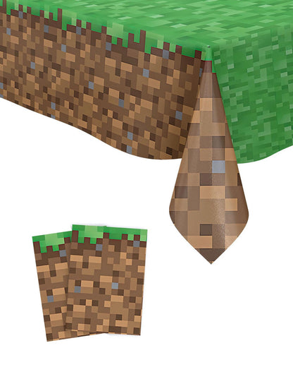 Calmi Pixel Miner Table Cover (Pack of 2) - 54.1"x108" XL Waterproof Cartoon Birthday Tablecloth- Gamer Party Supplies, Mining Themed Party