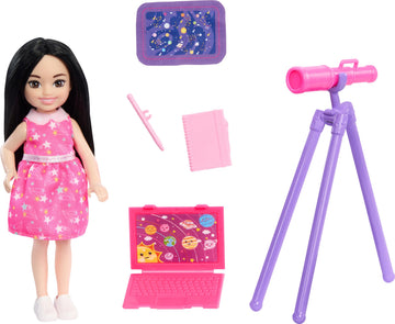 Barbie Toy Set, Chelsea Can Be Astronomer, Brunette Small Doll with 5 Science-Themed Accessories Including a Telescope