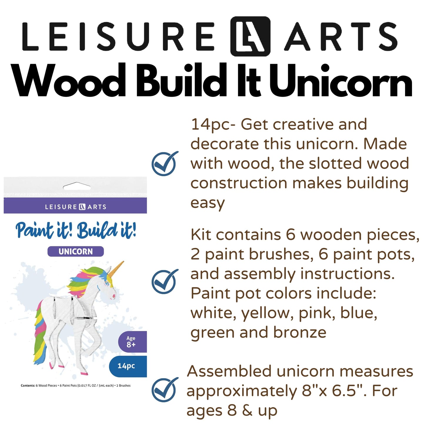 LEISURE ARTS - 3D Puzzle, 14 Piece Kit, Wood Build It Unicorn, Wood Building Kits, DIY Projects, Wooden 3D Puzzles, Kits for All Ages, Building Kits