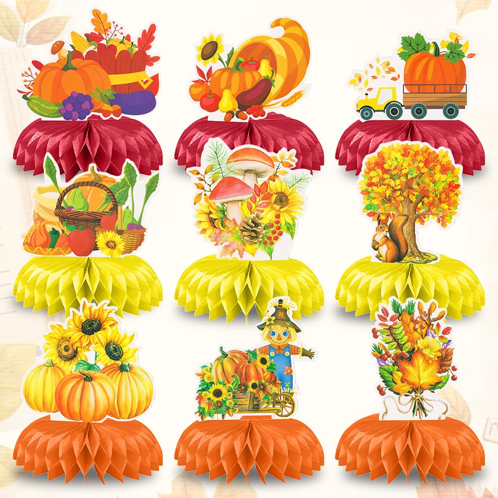 Fall Table Honeycomb Centerpieces, Thanksgiving 3D Honeycomb Centerpieces Topper Harvest Truck Sunflower Mushroom Pumpkin Orange Sign Autumn Party