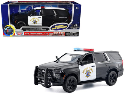 Motormax 2025 PPV CHP (California Highway Patrol) Black and White with Flashing Light Bar and Front and Rear Lights and Sounds 1/24 Diecast Model Car