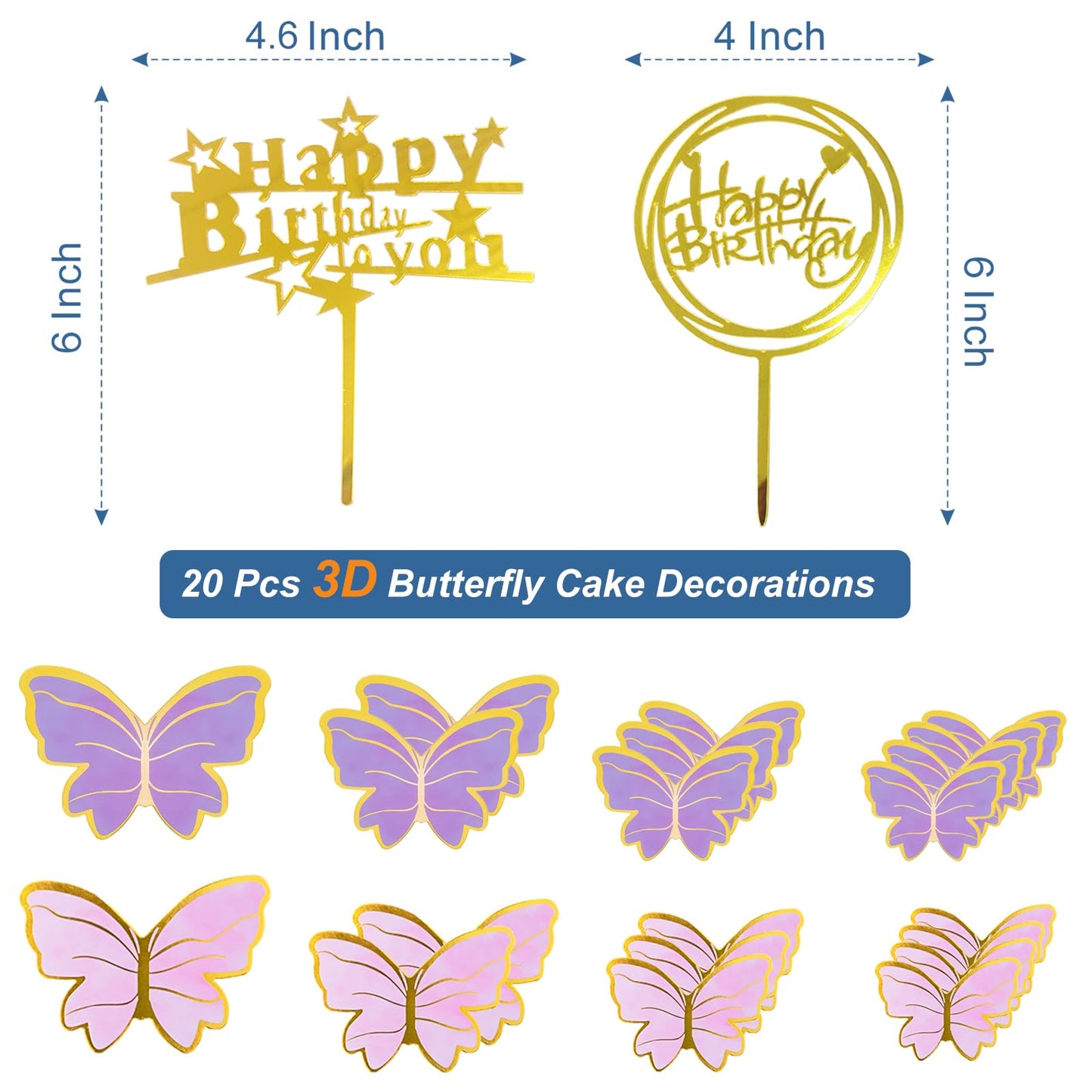 28 Pcs Happy Birthday and Butterfly Cake Toppers Set, Acrylic Gold Birthday Cupcake Toppers, Butterfly Cake Decorations