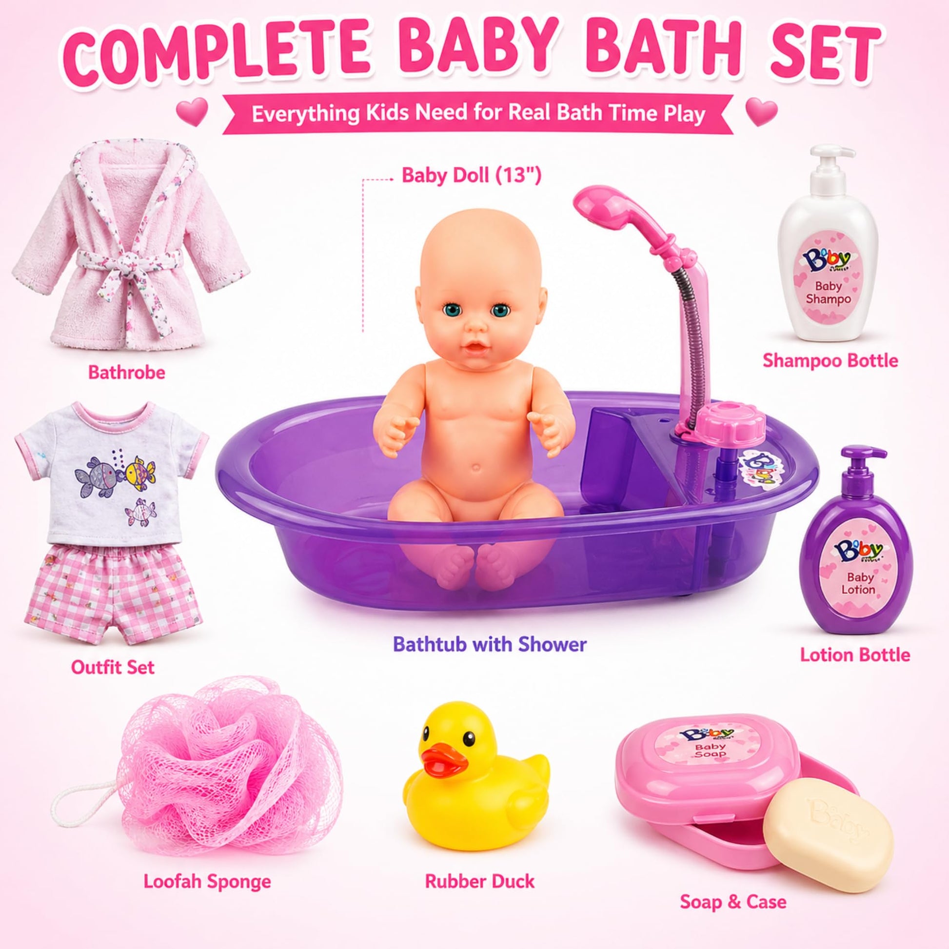 Liberty Imports Baby Bath Toys 13-Inch Little Newborn Doll Bath Set - Real Working Bathtub with Detachable Shower Spray and Accessories for Kids