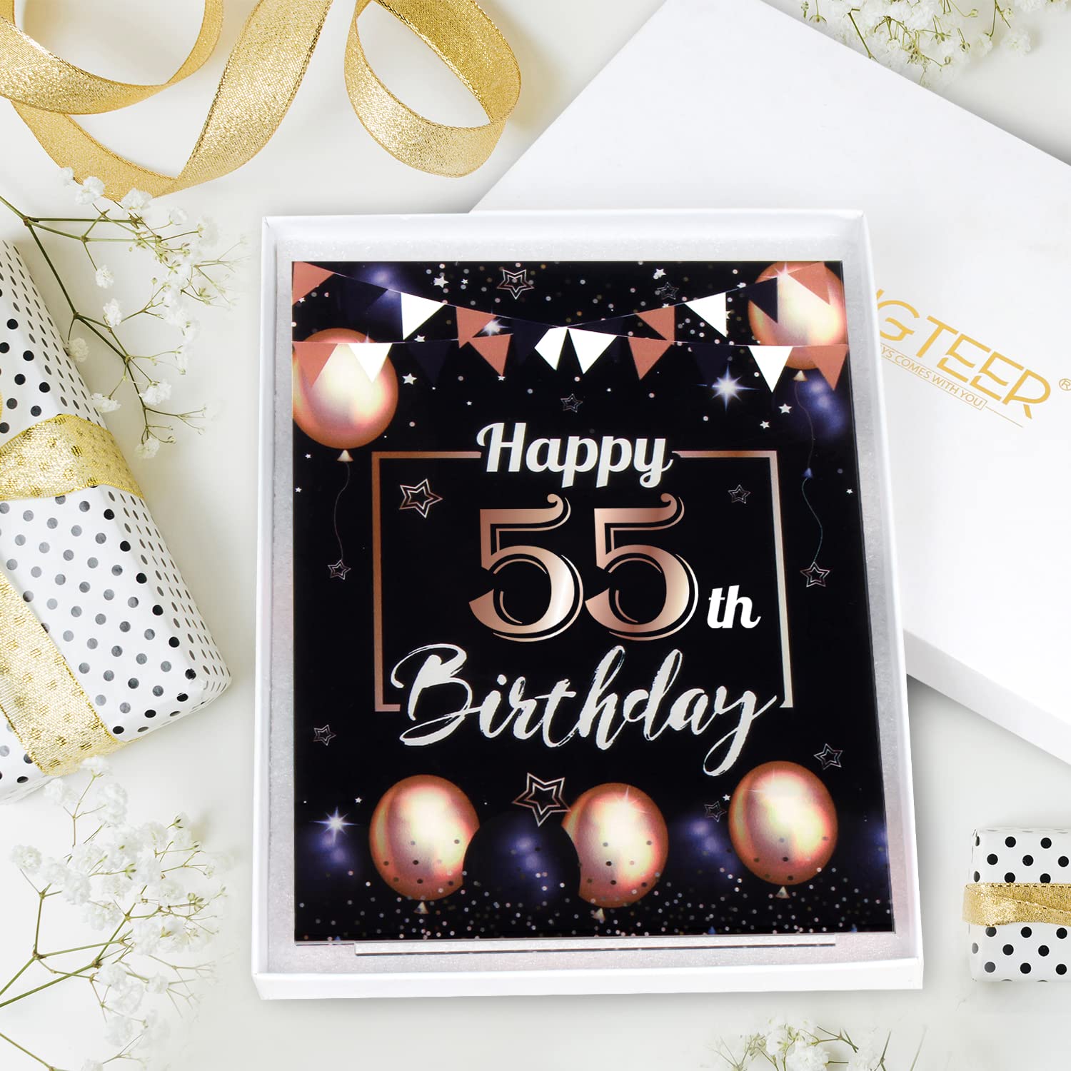 LINGTEER Happy 55th Birthday Decorations, 2Pcs Black&Gold Stand Print Acrylic Table Centerpieces Backdrop Board- Cheers to 55 Years Old Fun Birthday