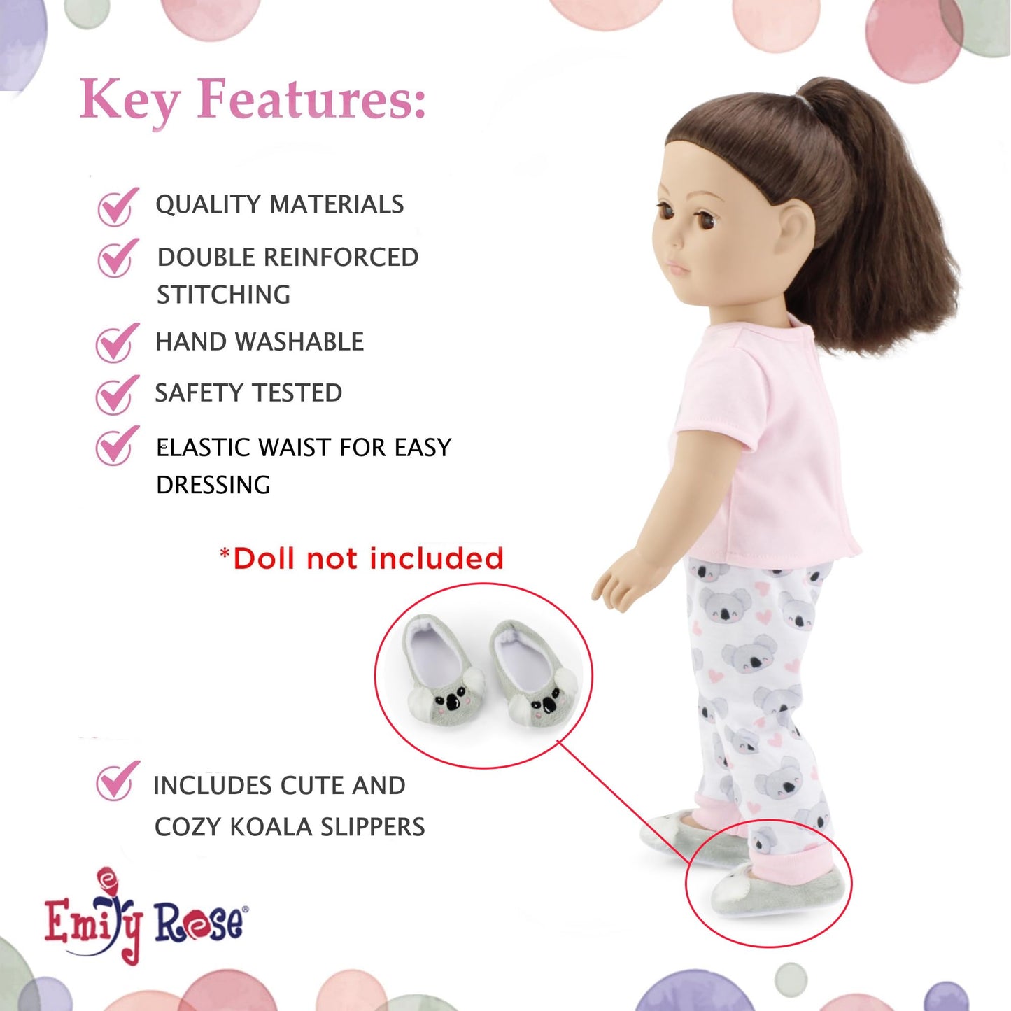 Emily Rose 18-Inch Doll Clothes 5-PC PJ Pajamas Sleepover Outfit 18" Doll Accessories Playset with Slippers, Pet Koala Toy and Pillow - Ideal Gift Set